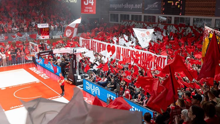 In the picture choreography of the Wuerzburg Baskets fans 22 05 2026, Basketball, Fitness First Wuerzburg Baskets vs Telekom Baskets Bonn, easyCredit BBL Playoffs, 3 Quarterfinals, Germany, 97072, tectake Arena Wuerzburg, Copyright: HMBxMedia xJulienxBecker