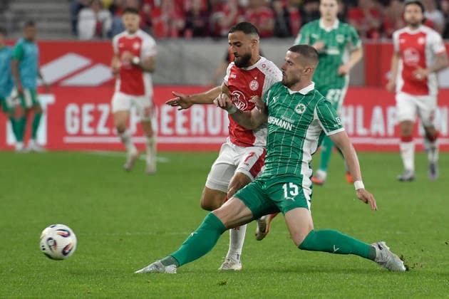 v li in duel Ramien Safi Essen 7 Jan Elvedi Fuerth 15 22 05 2026 ¢ Soccer ¢ Rot Weiss Essen vs SpVgg Greuther Fuerth ¢ Relegation, Stadion Essen, Essen, DFB DFL REGULATIONS PROHIBIT ANY USE OF PHOTOGRAPHS AS IMAGE SEQUENCES AND OR QUASI VIDEO Copyright: xpepphotox xSaschaxWeizx pep00321, pep_20260522_hm_361288