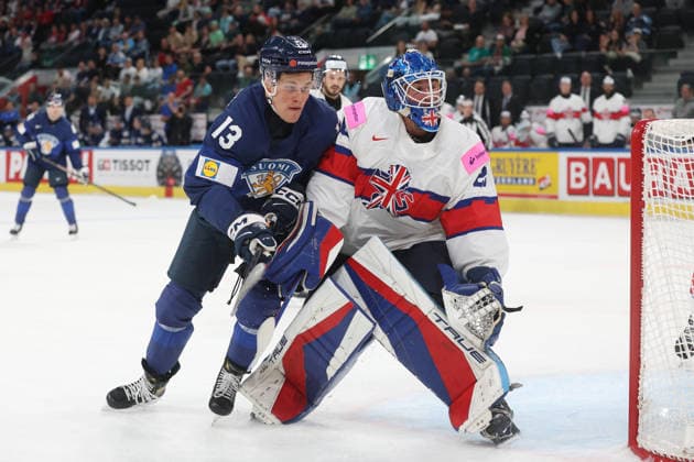 22 05 2026 Swiss Life Arena Zurich , SWITZERLAND, Mens Ice Hockey IIHF World Championship Zurich 2026 Group A FIN GBR Jesse Puljujaervi FIN Goaltender Mat Robson GBR