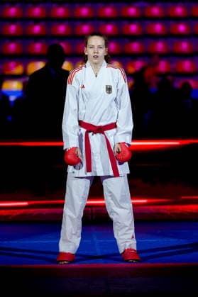 Germany EKF Karate European Championship Seniors 2026 Eissporthalle, Frankfurt Riedel Hannah GER, Red loses in the fight for the bronze medal against Sieliemienieva Elina UKR, Blue in the category Female Kumite 68 Kg Frankfurt am Main Eissporthalle Frankfurt Hessen Germany Copyright: xKjetilxWaberx