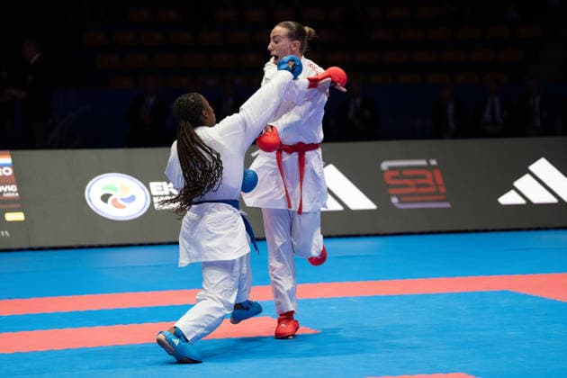 23 05 2026, xhfmx, Karate EKF Senior Championships 2026, S Becirovic Croatia fighting T Sombe France DFL DFB REGULATIONS PROHIBIT ANY USE OF PHOTOGRAPHS as IMAGE SEQUENCES and or QUASI VIDEO Frankfurt