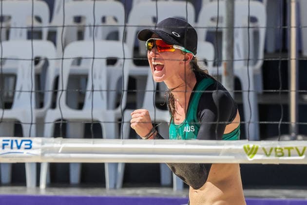 (260523) -- LAGUNA PROVINCE, May 23, 2026 -- Stefanie Fejes of Australia reacts after scoring a point during the women s round of 16 match between Taliqua Clancy and Stefanie Fejes of Australia against Lezana Placette and Alexia Richard of France in the Volleyball World Beach Pro Tour Challenge in Laguna Province, the Philippines on May 23, 2026. ) (SP)PHILIPPINES-LAGUNA PROVINCE-VOLLEYBALL-WORLD BEACH PRO TOUR CHALLENGE ROUELLExUMALI 