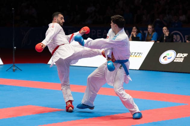 23 05 2026, xhfmx, Karate EKF Senior Championships 2026, Ugur Aktas Turkey in fight against Matteo Avanziani Italy DFL DFB REGULATIONS PROHIBIT ANY USE OF PHOTOGRAPHS as IMAGE SEQUENCES and or QUASI VIDEO Frankfurt