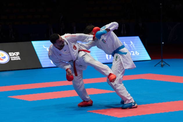 23 05 2026, xhfmx, Karate EKF Senior Championships 2026, Ugur Aktas Turkey in fight against Matteo Avanziani Italy DFL DFB REGULATIONS PROHIBIT ANY USE OF PHOTOGRAPHS as IMAGE SEQUENCES and or QUASI VIDEO Frankfurt