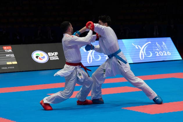 23 05 2026, xhfmx, Karate EKF Senior Championships 2026, Ugur Aktas Turkey in fight against Matteo Avanziani Italy DFL DFB REGULATIONS PROHIBIT ANY USE OF PHOTOGRAPHS as IMAGE SEQUENCES and or QUASI VIDEO Frankfurt