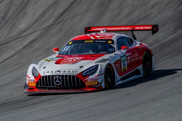 The Mercedes AMG GT3 84 of Tom Kalender Mercedes AMG Team Landgraf at full speed on the Circuit Zandvoort The vehicle presents the characteristic red and white livery with Bilstein and ADAC sponsoring as well as the large red rear wing Mercedes AMG GT3 84 of Tom Kalender Mercedes AMG Team Landgraf at the Circuit Zandvoort Copyright: xMichaelxSchäferx