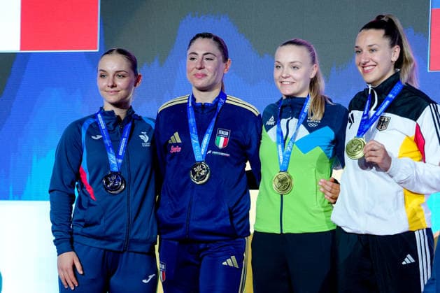 Germany EKF Karate European Championship Seniors 2026 Eissporthalle, Frankfurt Kneer Johanna GER wins the bronze medal together on the podium with Zibret Zala Maria SLO , silver goes to Pea Clemence FRA and the gold medal to Ferracuti Clio ITA Frankfurt am Main Eissporthalle Frankfurt Hessen Germany Copyright: xKjetilxWaberx