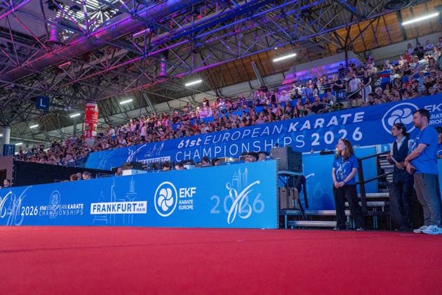 23 05 2026, xhfmx, Karate EKF Senior Championships 2026, Banner with Logos DFL DFB REGULATIONS PROHIBIT ANY USE OF PHOTOGRAPHS as IMAGE SEQUENCES and or QUASI VIDEO Frankfurt
