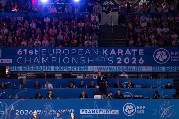 23 05 2026, xhfmx, Karate EKF Senior Championships 2026, Banner with Logos DFL DFB REGULATIONS PROHIBIT ANY USE OF PHOTOGRAPHS as IMAGE SEQUENCES and or QUASI VIDEO Frankfurt
