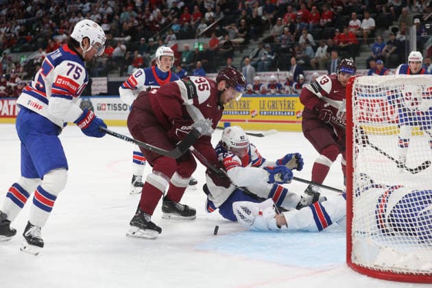 23 05 2026 Swiss Life Arena Zurich , SWITZERLAND, Mens Ice Hockey IIHF World Championship Zurich 2026 Group A LAT USA Haralds Egle LAT vs Declan Carlile USA