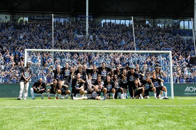 The Buwe are celebrated by their fans in front of the fan stand at the BfV Cup Final VfR Mannheim SV Waldhof Mannheim 07 on 23 05 26 at Carl Benz Stadium, Mannheim xamx Photo Alfio Marino Copyright: