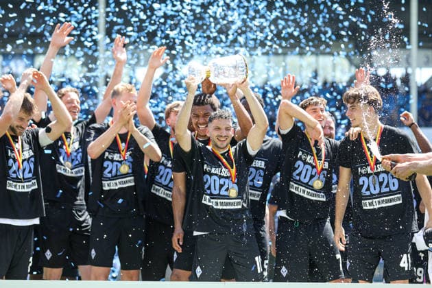 The Buwe win the cup in the Carl Benz Stadium at the BfV Cup Final VfR Mannheim SV Waldhof Mannheim 07 on 23 05 26 in Carl Benz Stadium, Mannheim xamx Photo Alfio Marino Copyright: