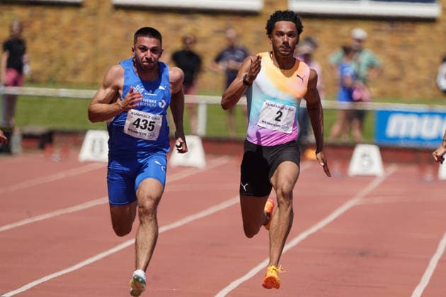 Athletics, athletics, BuS Kurpfalz Gala , 23 05 2026 , Sepp Herberger Stadion Weinheim, 100m men, Deniz Almaz, TV wattenscheid 01 Joshua Hartmann ASV Köln,