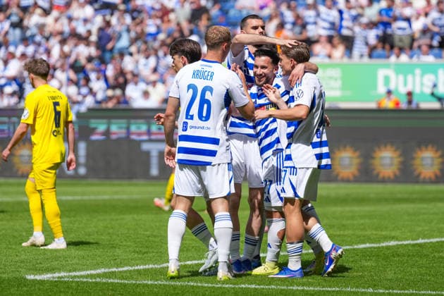 23 05 2026, xydrx, men, soccer, amateur final day, Niederrheinpokal final, SC St Tönis 11 20 MSV Duisburg, season 2025 2026, Schauinsland Reisen Arena Goal celebration after the 1-0 goal for MSV Duisburg by scorer Patrick Sussek MSV Duisburg, 37 together with Jan Simon Symalla MSV Duisburg, 23 and Florian Krueger MSV Duisburg, 26 Copyright: HMBxMedia YannisxDreimann