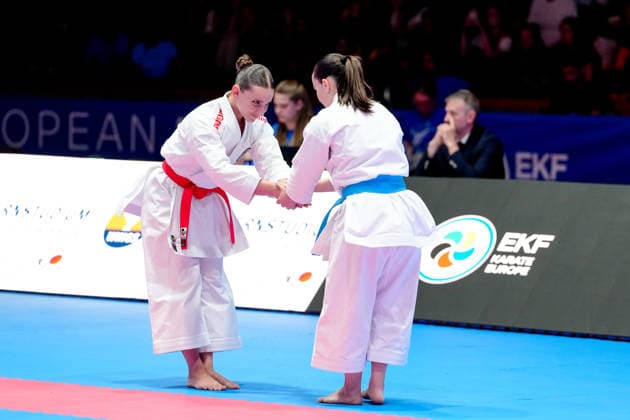 Germany EKF Karate European Championship Seniors 2026 Eissporthalle, Frankfurt Lehner Tamara AUT, Red loses the fight for the bronze medal in the Female Kata category against Cruz Ana POR, Blue Frankfurt am Main Eissporthalle Frankfurt Hessen Germany Copyright: xKjetilxWaberx