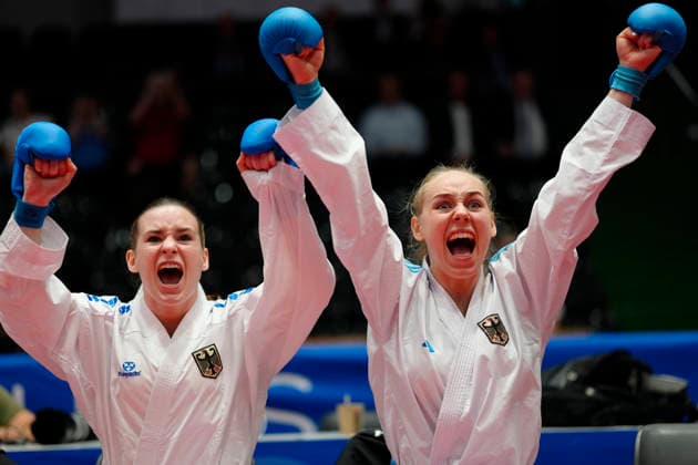 Germany EKF Karate European Championship Seniors 2026 Eissporthalle, Frankfurt Mia Bitsch GER, right together with Shara Hubrich GER, left during the Team Kumite fights Frankfurt am Main Eissporthalle Frankfurt Hessen Germany Copyright: xKjetilxWaberx