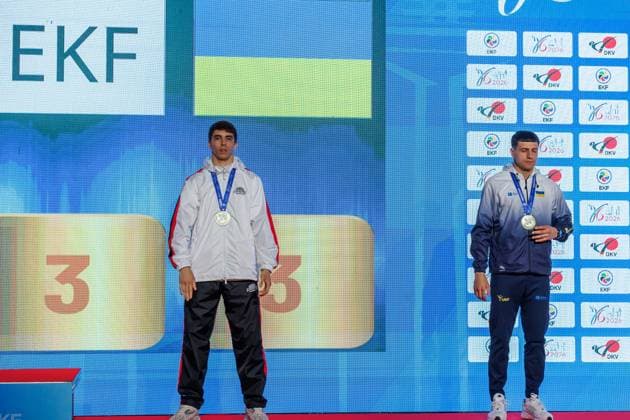 Award ceremony men kumite 75 from left Ernest Sharafutdinov RUS , Andrii Zaplitnyi UKR third place, bronze medal, 23 05 2026, Frankfurt am Main Germany , 61 European Karate Championships 2026 Frankfurt Main xprx