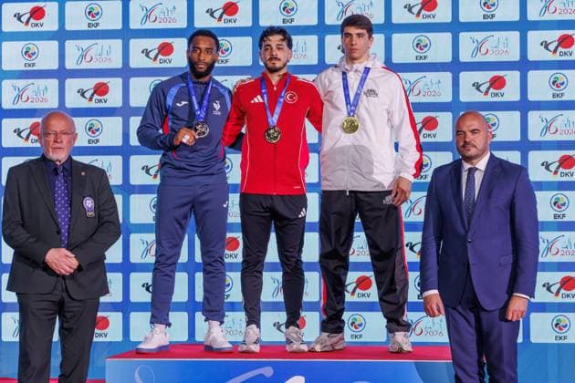 Award ceremony Men Kumite 75 from left Kilian Cizo FRA , Omer Faruk Yurur TUR , Ernest Sharafutdinov RUS without Andrii Zaplitnyi UKR , 23 05 2026, Frankfurt am Main Germany , 61 European Karate Championships 2026 Frankfurt Main xprx