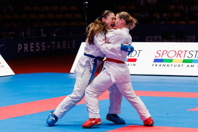 Clemence Pea FRA, red against Clio Ferracuti ITA, blue in the final women 68 , 23 05 2026, Frankfurt am Main Germany , 61 Karate European Championships 2026 Frankfurt Main xprx