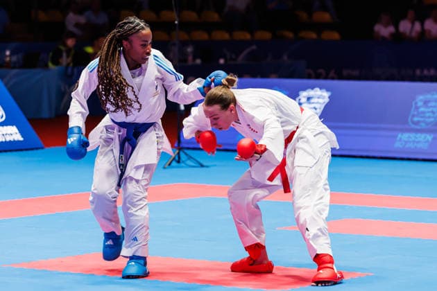 Sadea Becirovic CRO, red against Thalya Sombe FRA, blue in the final women 68, 23 05 2026, Frankfurt am Main Germany , 61 European Karate Championships 2026 Frankfurt Main xprx