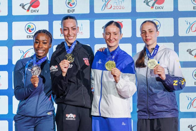 Award ceremony women kumite 68 from left Thalya Sombe FRA , Sadea Becirovic CRO , Iryna Zaretska AZE , Elina Sieliemienieva UKR , 23 05 2026, Frankfurt am Main Germany , 61 European Karate Championships 2026 Frankfurt Main xprx