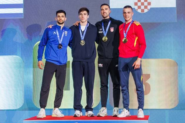 Award ceremony Men Kumite 84 from left Konstantinos Mastrogiannis GRE , Eduard Gasparian RUS , Ivan Kvesic CRO , Nemanja Mikulic MNE , 23 05 2026, Frankfurt am Main Germany , 61 European Karate Championships 2026 Frankfurt Main xprx