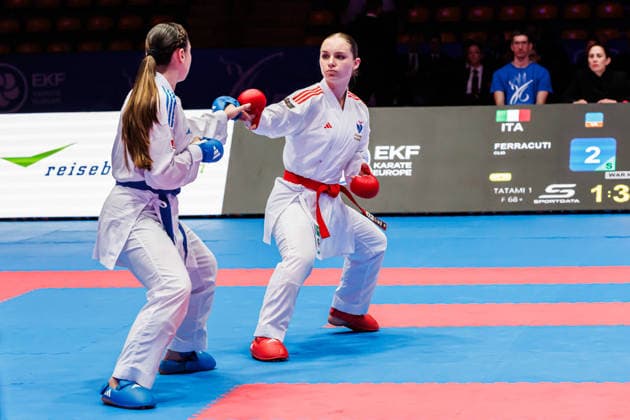 Clemence Pea FRA, red against Clio Ferracuti ITA, blue in the final women 68 , 23 05 2026, Frankfurt am Main Germany , 61 Karate European Championships 2026 Frankfurt Main xprx