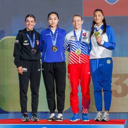 Award ceremony women kumite 61 from left Mia Greta Zorko CRO , Altana Basangova RUS , Ingrida Bakos Suchankova SVK , Emina Sipovic BIH , 23 05 2026, Frankfurt am Main Germany , 61 European Karate Championships 2026 Frankfurt Main xprx