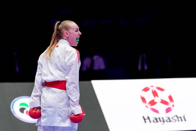 Germany EKF Karate European Championship Seniors 2026 Eissporthalle, Frankfurt Bitsch Mia GER, Red in the bronze medal match in the Female Kumite 55kg category against Terliuga Anzhelika UKR, Blue Frankfurt am Main Eissporthalle Frankfurt Hessen Germany Copyright: xKjetilxWaberx