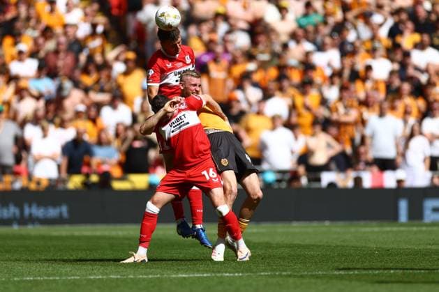 Dael Fry of Middlesbrough heads past Oliver McBurnie of Hull City Hull City v Middlesbrough, EFL Sky Bet Championship, Play-Off Final, Football, Wembley Stadium, London, UK - 23 May 2026London Wembley Stadium United Kingdom EDITORIAL USE ONLY No use with unauthorised audio, video, data, fixture lists, club league logos or live services. Online in-match use limited to 120 images, no video emulation. No use in betting, games or single club league player publications.  Copyright: xJamesxMarsh Shutterstockx 16887365hw