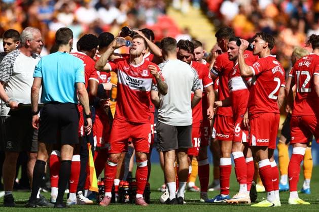 Riley McGree of Middlesbrough during the drinks break Hull City v Middlesbrough, EFL Sky Bet Championship, Play-Off Final, Football, Wembley Stadium, London, UK - 23 May 2026London Wembley Stadium United Kingdom EDITORIAL USE ONLY No use with unauthorised audio, video, data, fixture lists, club league logos or live services. Online in-match use limited to 120 images, no video emulation. No use in betting, games or single club league player publications.  Copyright: xJamesxMarsh Shutterstockx 16887365hy
