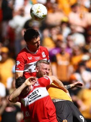Dael Fry of Middlesbrough heads past Oliver McBurnie of Hull City Hull City v Middlesbrough, EFL Sky Bet Championship, Play-Off Final, Football, Wembley Stadium, London, UK - 23 May 2026London Wembley Stadium United Kingdom EDITORIAL USE ONLY No use with unauthorised audio, video, data, fixture lists, club league logos or live services. Online in-match use limited to 120 images, no video emulation. No use in betting, games or single club league player publications.  Copyright: xJamesxMarsh Shutterstockx 16887365hu