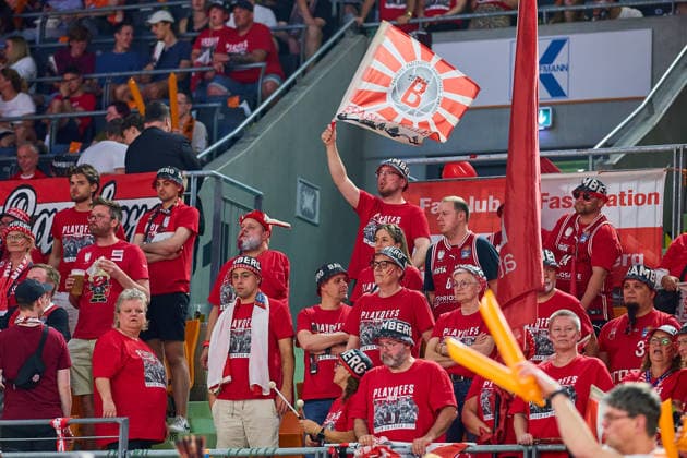 Fans from Bamberg GER, ratiopharm ulm vs Bamberg Baskets, basketball, playoffs, quarterfinals, 3 match, EasyCredit BBL, season 2025 2026, 23 05 2026 GER, ratiopharm ulm vs Bamberg Baskets, basketball, playoffs, quarterfinals, 3 match, EasyCredit BBL, season 2025 2026, 23 05 2026 New Ulm Copyright: xEibner-Pressefoto GeraldxOelze-dexStoppanyx EP_ODS