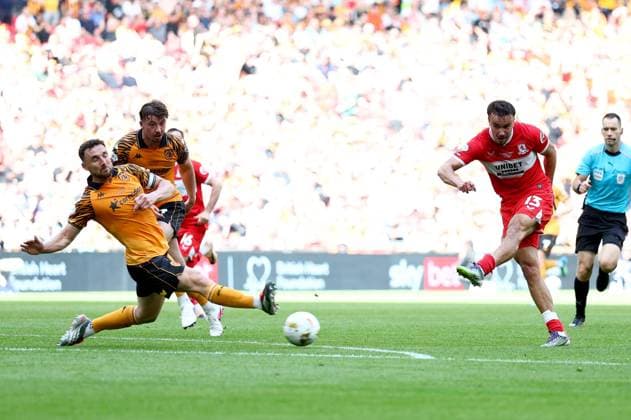 David Strelec of Middlesbrough attempts a shot on goal Hull City v Middlesbrough, EFL Sky Bet Championship, Play-Off Final, Football, Wembley Stadium, London, UK - 23 May 2026London Wembley Stadium United Kingdom EDITORIAL USE ONLY No use with unauthorised audio, video, data, fixture lists, club league logos or live services. Online in-match use limited to 120 images, no video emulation. No use in betting, games or single club league player publications.  Copyright: xSimonxDael Shutterstockx 16887368cq