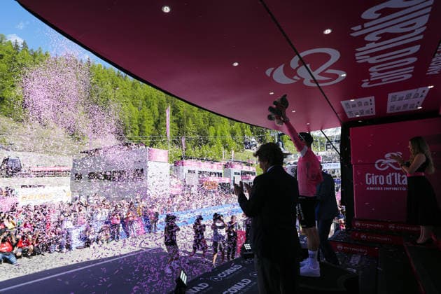 The pink jersey Denmark™s Jonas Vingegaard Hansen of Team Visma Lease A Bike during Stage 14 of the Giro d™Italia, from Aosta to Pila, Italy, Saturday, May 23, 2026.  Copyright: xFabioxFerrari LaPressex