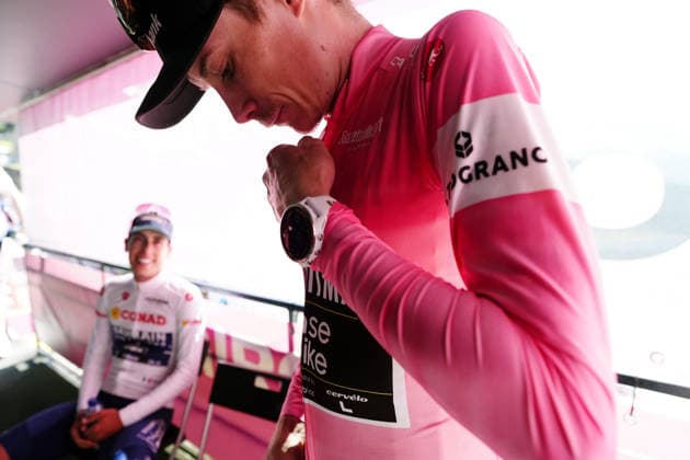 The pink jersey Denmark™s Jonas Vingegaard Hansen of Team Visma Lease A Bike and The white jersey Italy™s Giulio Pellizzari of Red Bull - Bora - Hansgrohe during Stage 14 of the Giro d™Italia, from Aosta to Pila, Italy, Saturday, May 23, 2026.  Copyright: xFabioxFerrari LaPressex