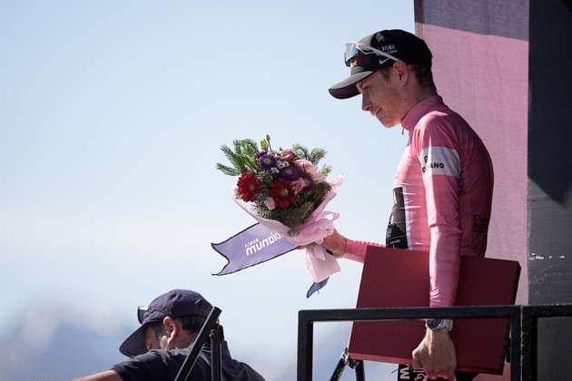 The pink jersey Denmark™s Jonas Vingegaard Hansen of Team Visma Lease A Bike celebrate on the podium after the Stage 14 of the Giro d™Italia, from Aosta to Pila, Italy, Saturday, May 23, 2026.  Copyright: xMarcoxAlpozzi LaPressex