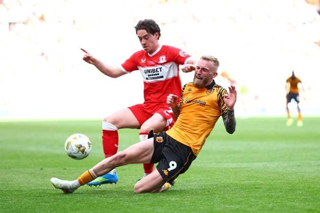 Hayden Hackney of Middlesbrough and Oliver McBurnie of Hull City Hull City v Middlesbrough, EFL Sky Bet Championship, Play-Off Final, Football, Wembley Stadium, London, UK - 23 May 2026London Wembley Stadium United Kingdom EDITORIAL USE ONLY No use with unauthorised audio, video, data, fixture lists, club league logos or live services. Online in-match use limited to 120 images, no video emulation. No use in betting, games or single club league player publications.  Copyright: xJamesxMarsh Shutterstockx 16887365iv