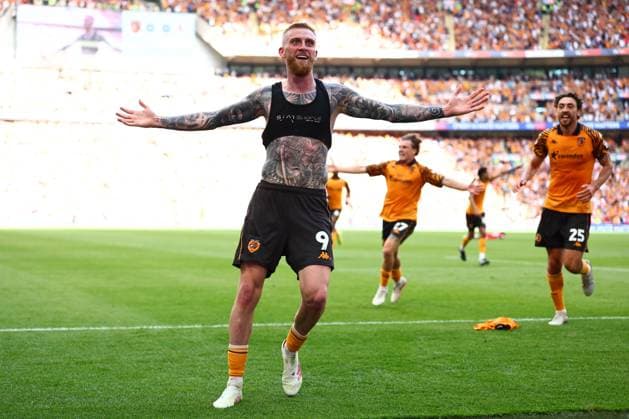 Oliver McBurnie of Hull City celebrates scoring to make it 1-0 Hull City v Middlesbrough, EFL Sky Bet Championship, Play-Off Final, Football, Wembley Stadium, London, UK - 23 May 2026London Wembley Stadium United Kingdom EDITORIAL USE ONLY No use with unauthorised audio, video, data, fixture lists, club league logos or live services. Online in-match use limited to 120 images, no video emulation. No use in betting, games or single club league player publications.  Copyright: xJamesxMarsh Shutterstockx 16887365jj