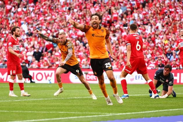 Oliver McBurnie of Hull City celebrates scoring to make it 1-0 Hull City v Middlesbrough, EFL Sky Bet Championship, Play-Off Final, Football, Wembley Stadium, London, UK - 23 May 2026London Wembley Stadium United Kingdom EDITORIAL USE ONLY No use with unauthorised audio, video, data, fixture lists, club league logos or live services. Online in-match use limited to 120 images, no video emulation. No use in betting, games or single club league player publications.  Copyright: xJamesxMarsh Shutterstockx 16887365jg