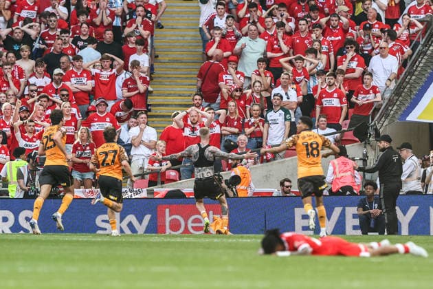 Sky Bet Championship Playoffs Final Hull City v Middlesbrough Oliver McBurnie of Hull City celebrates his goal to make it 1-0 during the Sky Bet Championship Playoffs Final match Hull City vs Middlesbrough at Wembley Stadium, London, United Kingdom on 23 May 2026 (Photo by Alfie Cosgrove News Images) London Wembley Stadium Greater London United Kingdom Copyright: xAlfiexCosgrove NewsxImagesx