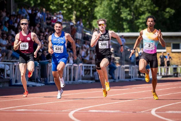 WEINHEIM, GERMANY - MAY 23 Marvin Schulte (GER ASV Köln e. V.), Deniz Almas (GER TV Wattenscheid 01), Kevin Kranz (GER Sprintteam Wetzlar) and Joshua Hartmann (GER ASV Köln e. V.) in the 100m final during the B&S Kurpfalz Gala am 23.05.2026 at the Sepp-Herberger-Stadium in Weinheim (Baden-Wuerttemberg Germany). Baden-Wuerttemberg Germany Copyright: xLeahxKohringx