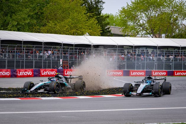 F1 - CANADIAN GRAND PRIX 2026 12 KIMI ANTONELLI Andrea (ita), Mercedes AMG F1 Team W17, RUSSELL George (gbr), Mercedes AMG F1 Team W17, portrait overtake, overtaking, dÃ passement, depassement, overtakes, contact crash, accident, during the Formula 1 Grand Prix du Canada 2026, 5th round of the 2026 Formula One World Championship, WM, Weltmeisterschaft from May 22 to 24, 2026 on the Circuit Gilles Villeneuve, in MontrÃ al, Canada - MontrÃ alCanada  Copyright: xDPPIx