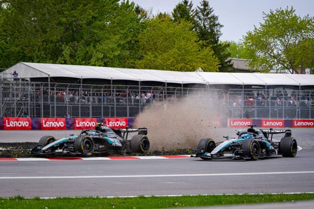 F1 - CANADIAN GRAND PRIX 2026 12 KIMI ANTONELLI Andrea (ita), Mercedes AMG F1 Team W17, RUSSELL George (gbr), Mercedes AMG F1 Team W17, portrait overtake, overtaking, dÃ passement, depassement, overtakes, contact crash, accident, during the Formula 1 Grand Prix du Canada 2026, 5th round of the 2026 Formula One World Championship, WM, Weltmeisterschaft from May 22 to 24, 2026 on the Circuit Gilles Villeneuve, in MontrÃ al, Canada - MontrÃ alCanada  Copyright: xDPPIx