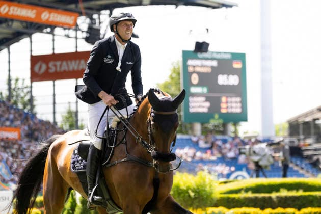 Andre THIEME GER on Paule S, single picture, after the round in jumping S5 2nd Qualifier Rolex Grand Prix, jumping competition with one round and jump-off, CSI5, Rolex Grand Slam, on 23 05 2026, World Equestrian Festival, TSCHIO Aachen 2026 from 22 24 05 2026 in Aachen Germany Â