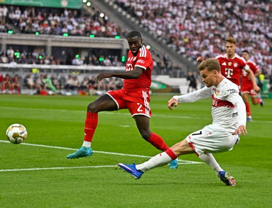 23 05 2026, Football DFB Pokal 2025 2026, Final, FC Bayern Munich VfB Stuttgart, at Olympiastadion Berlin v l Dayot Upamecano FC Bayern Munich v Maximilian Mittelstädt Stuttgart DFL and DFB regulations prohibit any use of photographs as image sequences and or quasi video
