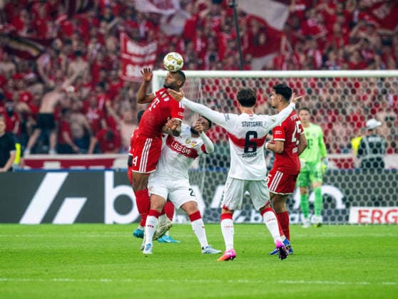 Soccer, Men, Season 2025 2026, 83 DFB Cup Final, FC Bayern Munich VfB Stuttgart, f l Jonathan Tah Bayern Munich , Deniz Undav Stuttgart , Angelo Stiller Stuttgart , Aleksandar Pavlovic Bayern Munich , 23 05 2026, Copyright: xMatthiasxKochx
