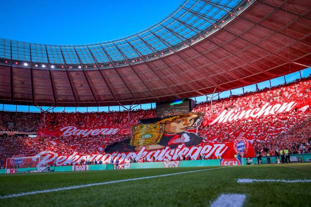 23 05 2026, Football, 83 DFB Cup Final,, FC Bayern Munich VfB Stuttgart, Olympioastadion Berlin, Season 2025 2026 Choreography in the blocks in the stands before the match Record Cup Winners Banner Lettering DFB regulations prohibit any use of photographs as image sequences and or quasi video Berlin Germany