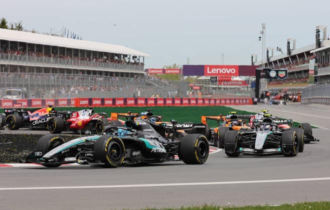 23 05 2026, Circuit Gilles Villeneuve, Montreal, FORMULA 1 LENOVO GRAND PRIX DU CANADA 2026 , pictured at the start of the race , George Russell GBR , Mercedes AMG Petronas Formula One Team, Andrea Kimi Antonelli ITA , Lando Norris GBR , McLaren Mastercard F1 Team, Lewis Hamilton GBR , Scuderia Ferrari HP, Charles Leclerc MCO , Oscar Piastri AUS Photo by Mark Urquhart Hasan Bratic DeFodi Images