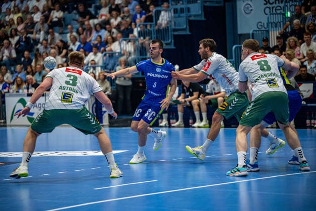 Daikin Handball Bundesliga, VfL Gummersbach GWD Minden, 23 05 2026 Daniel Astrup Pedersen GWD Minden 3 , MiloÅ¡ VujoviÄ‡ VfL Gummersbach, 6 , Karolis Antanavicius GWD Minden 8 , Daikin Handball Bundesliga, VfL Gummersbach GWD Minden, 23 05 2026 Copyright: xBEAUTIFULxSPORTS Erlhofx